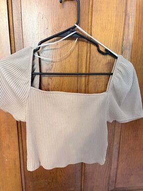 H&M Beige Square-Neck Ribbed Crop Top with Puff Sleeves